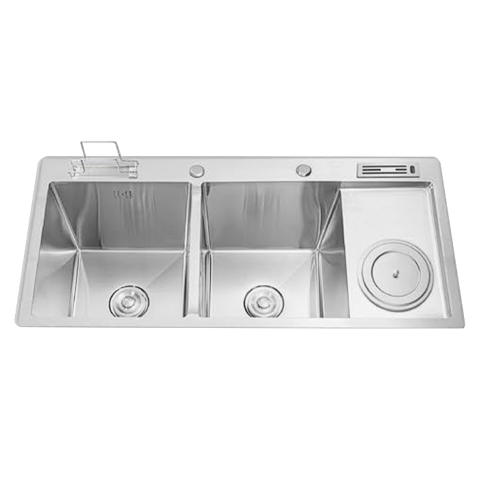 CHẬU INOX THỦ CÔNG 2 HỘC 1 CÁNH KÈM PHỤ KIỆN 12050C